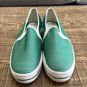 Keds & Kate Spade Green and White Striped Slip-On Sneakers